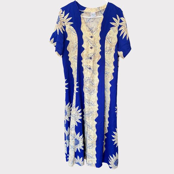 Island Style Large Rayon Dress Blue Yellow Short Sleeve Tie Back Rayon - Picture 2 of 7